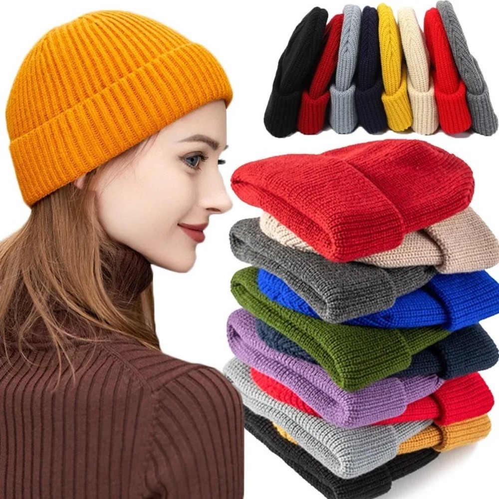 Beanie Cuffed Knit - Herbst Winter Unisex Einfarbige Gerippte Mütze
